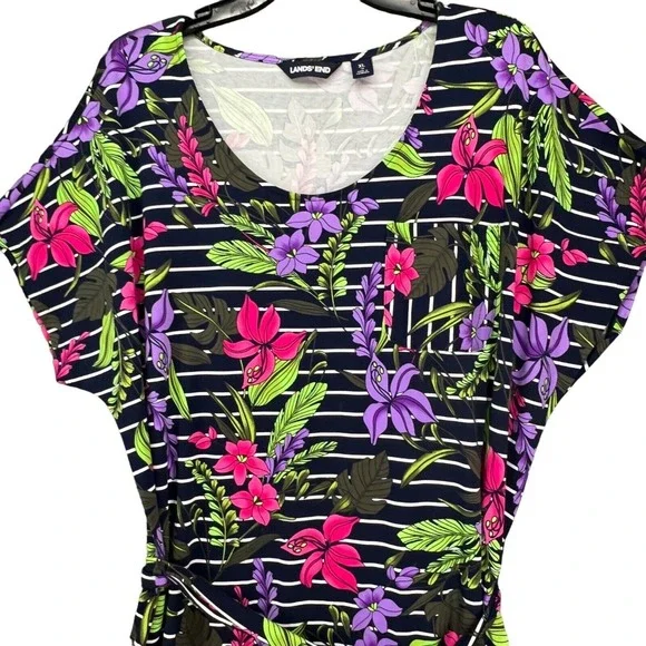 Lands End Floral Stripe T Shirt Dress Womens XL Navy Tropical Belted Modest - Picture 3 of 16